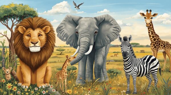 fototapeta_fototapeta_safari_-_sloneczna_sawanna_cartoon_Tiny-Explorers-Studio-saa Fototapeta Safari – Słoneczna Sawanna (Cartoon)